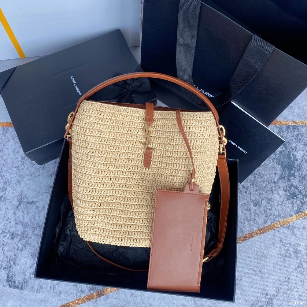 Rep ladies REP raffia Le 37 bucket leather-trimmed bag-20*25*16CM YSL 0803